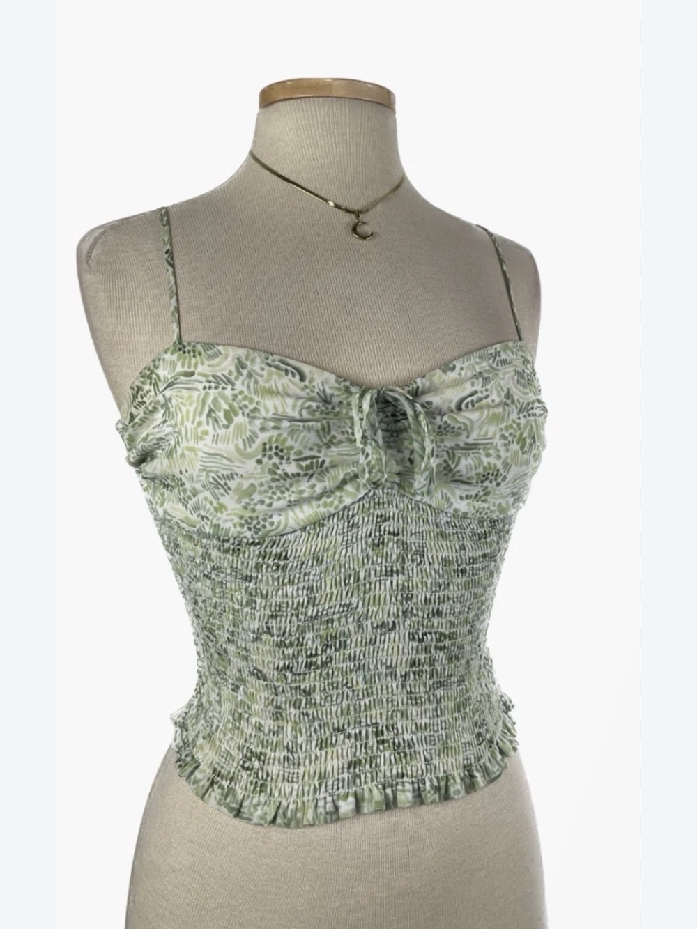 Smocked Spaghetti Strap Bustier Top - Light Green Print